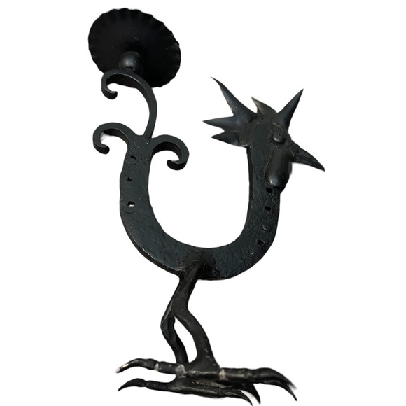 Set Of 2 Wrought Iron Rooster Candlestick Holder Horshoe Folk Art - Picture 11 of 14